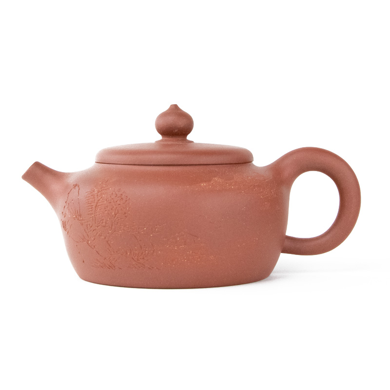 8.5 Ounce Yixing Clay Tea Pot, Knob on top, Calligraphy Desi